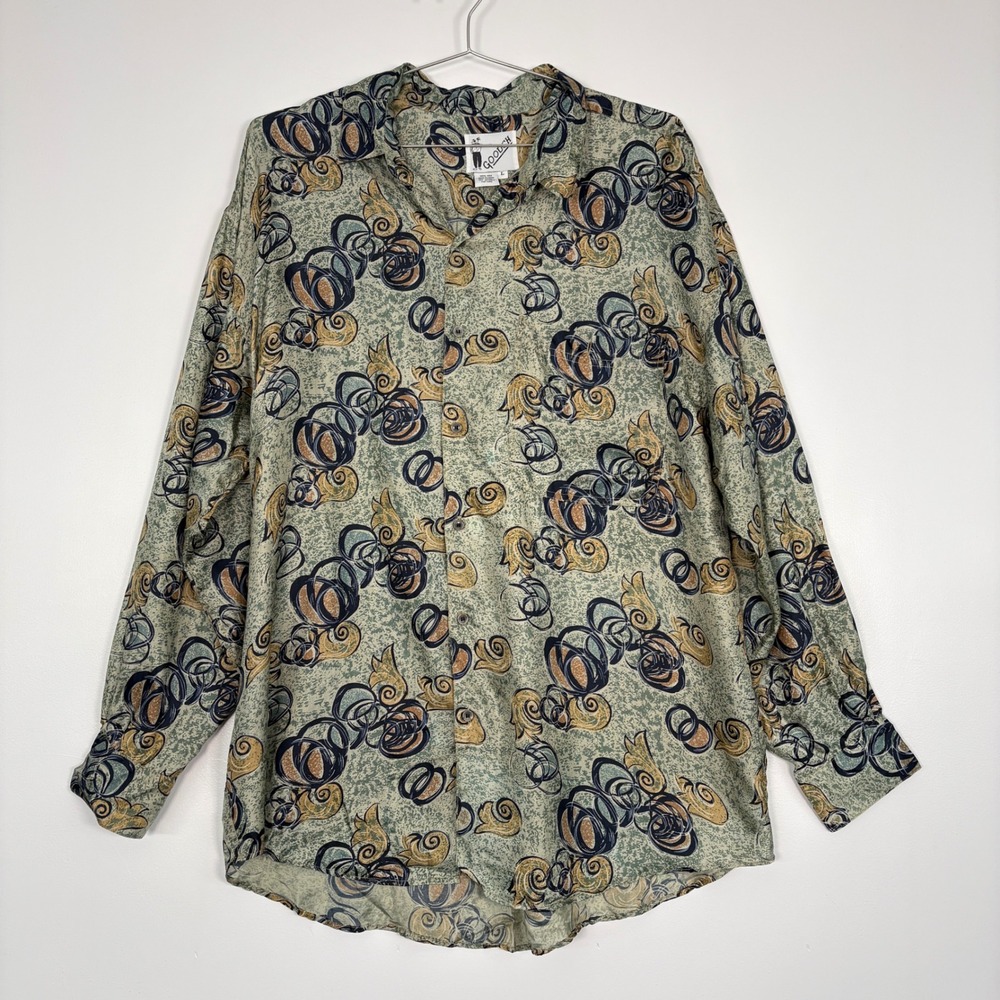 Goouch Mens Button Down Shirt Large Green Abstract Swirl 100% Silk Vintage Shirt